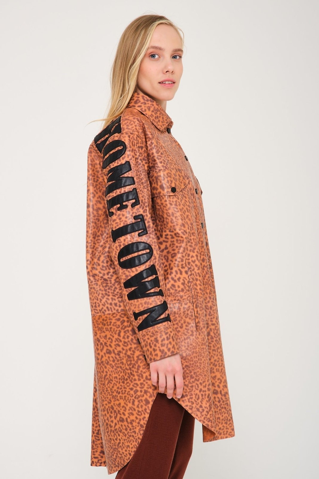 Orange Leopard Pattern Leather Coat - ADAMO