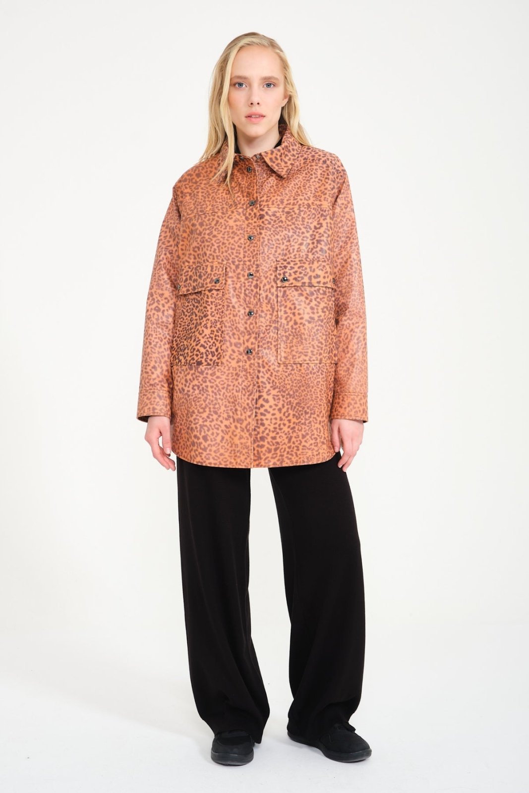 Orange Leopard Pattern Leather Coat - ADAMO