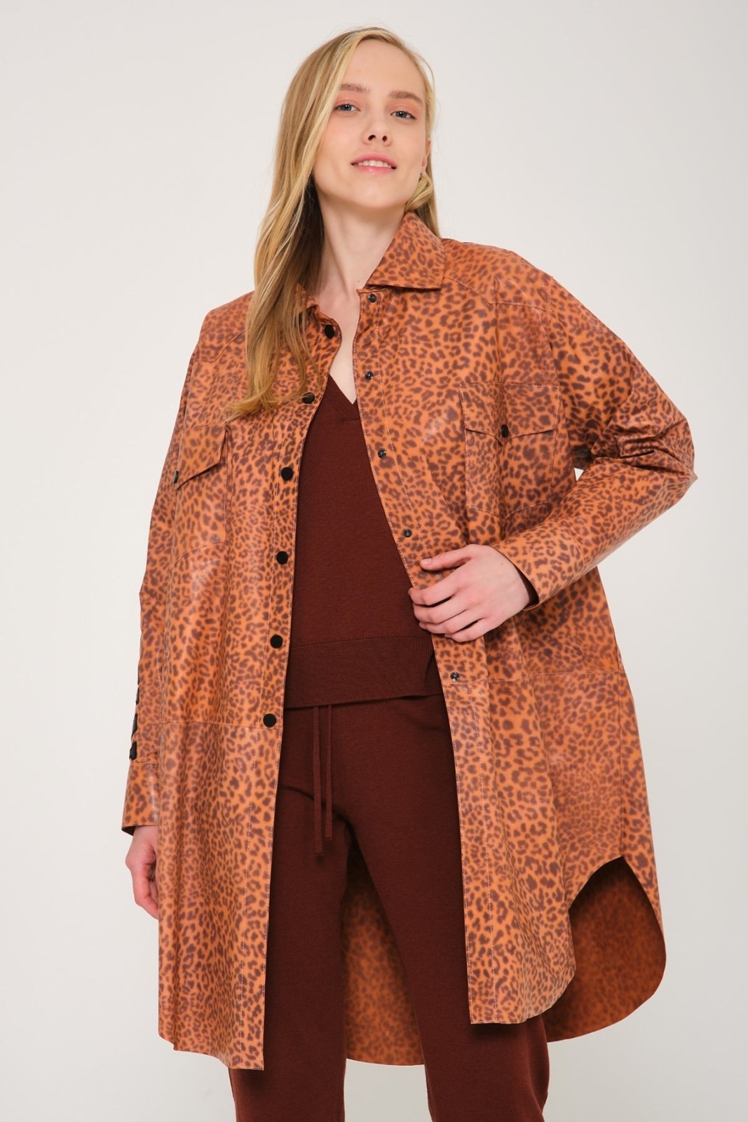 Orange Leopard Pattern Leather Coat - ADAMO