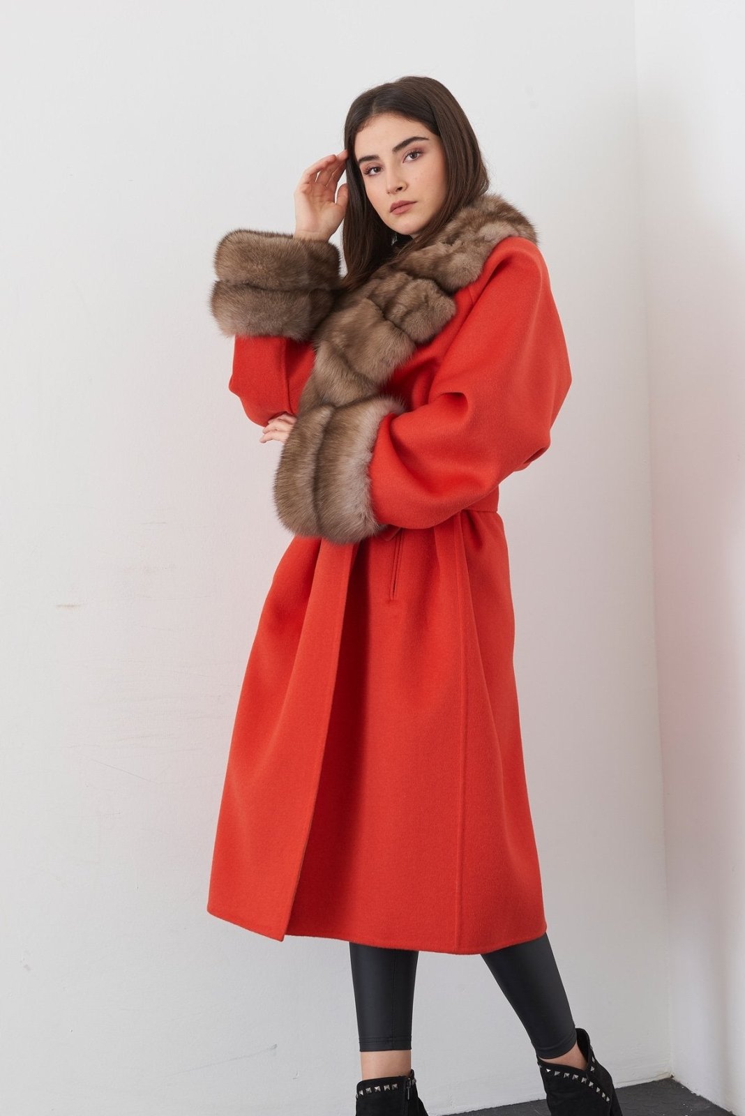 Orange Long Cashmere Coat - ADAMO