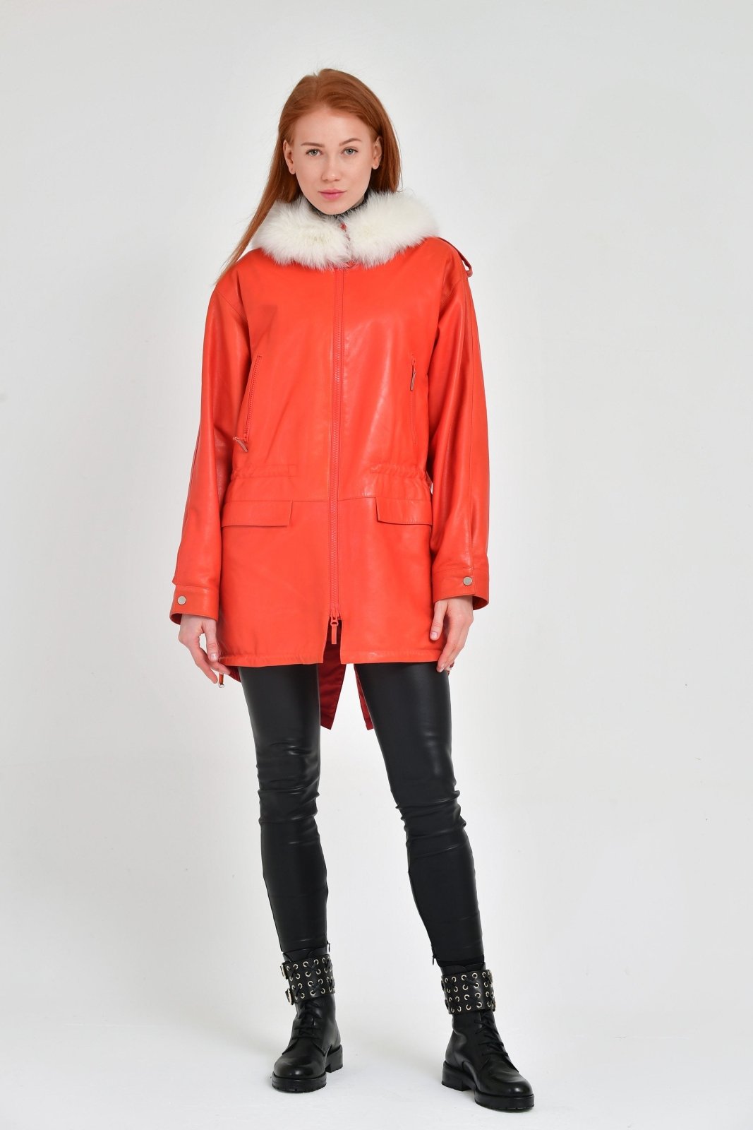 Orange Long Leather Coat - ADAMO