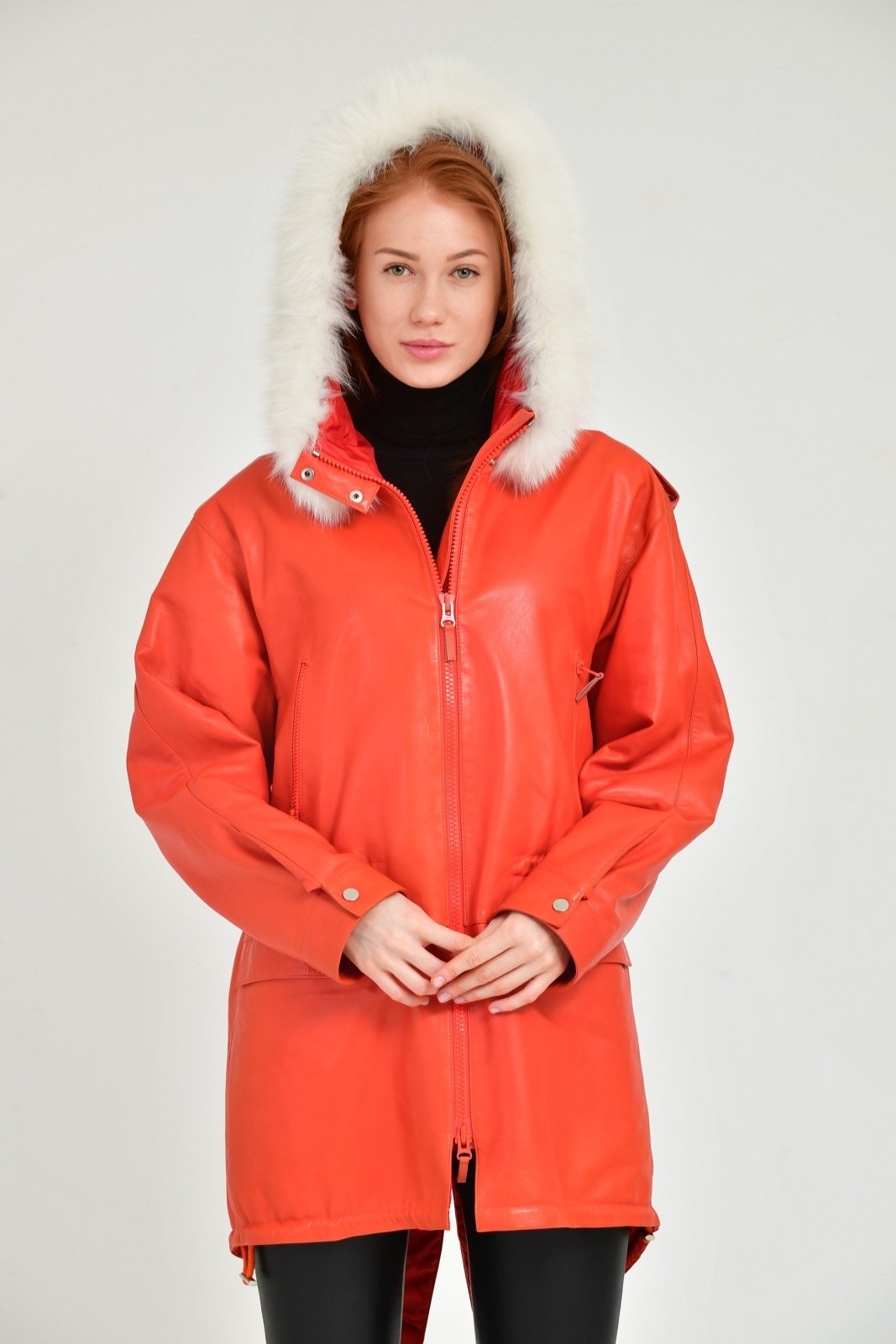 Orange Long Leather Coat - ADAMO