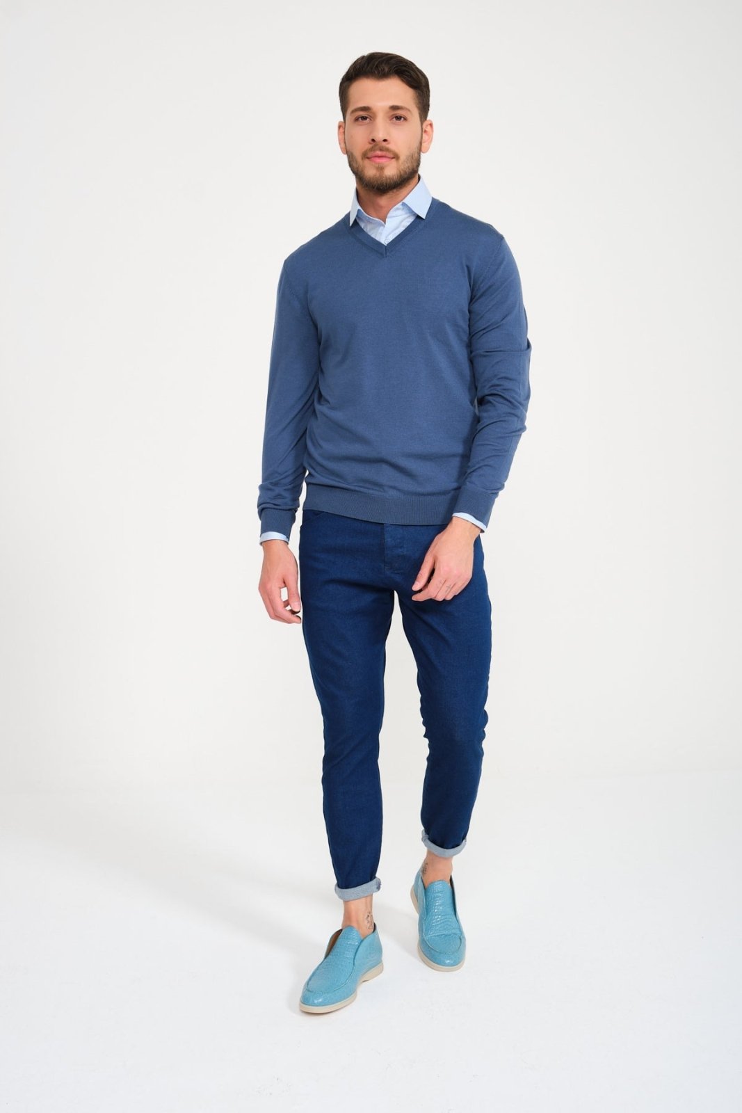 Petrol Blue V - Collar Wool Sweater - ADAMO