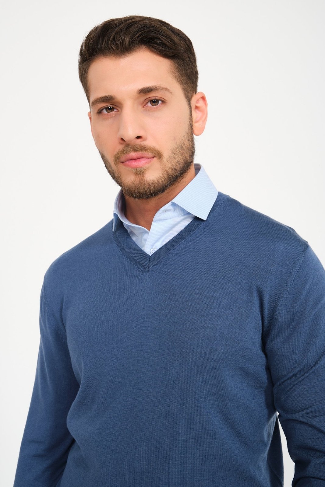 Petrol Blue V - Collar Wool Sweater - ADAMO