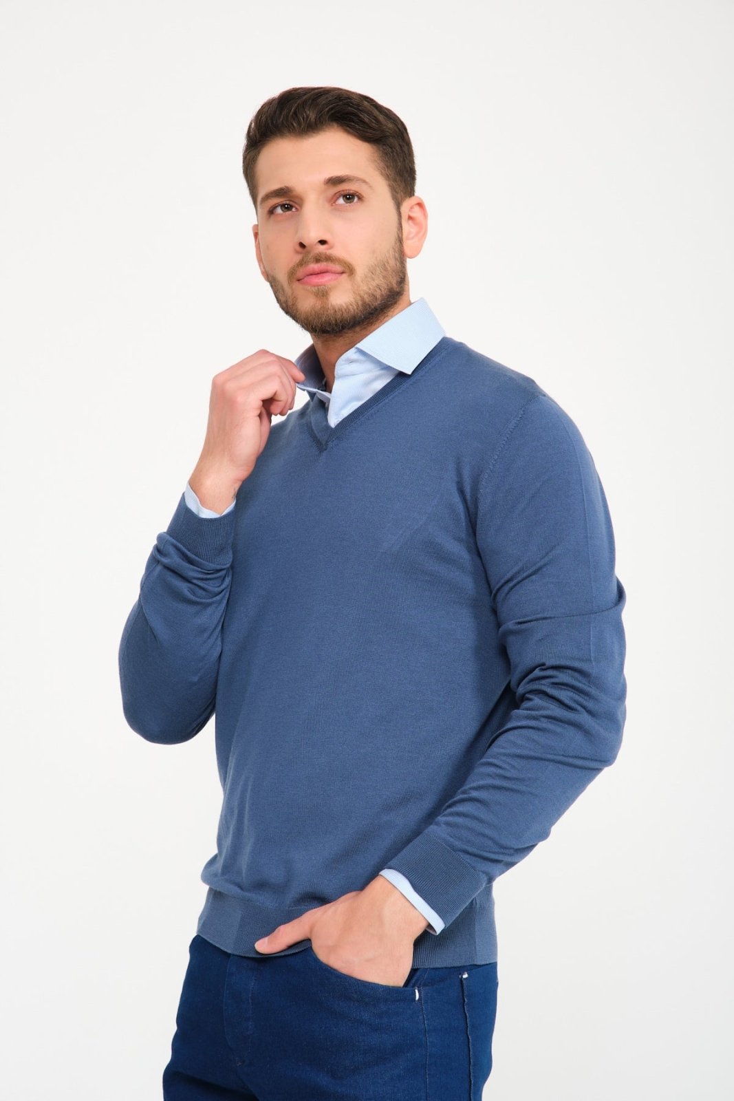 Petrol Blue V - Collar Wool Sweater - ADAMO