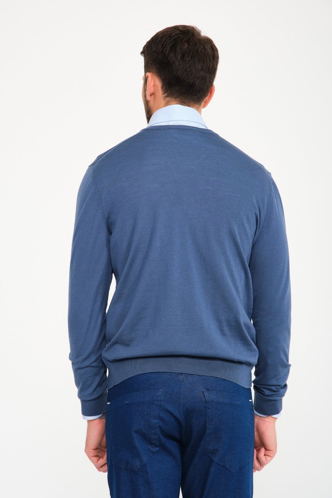 Petrol Blue V - Collar Wool Sweater - ADAMO