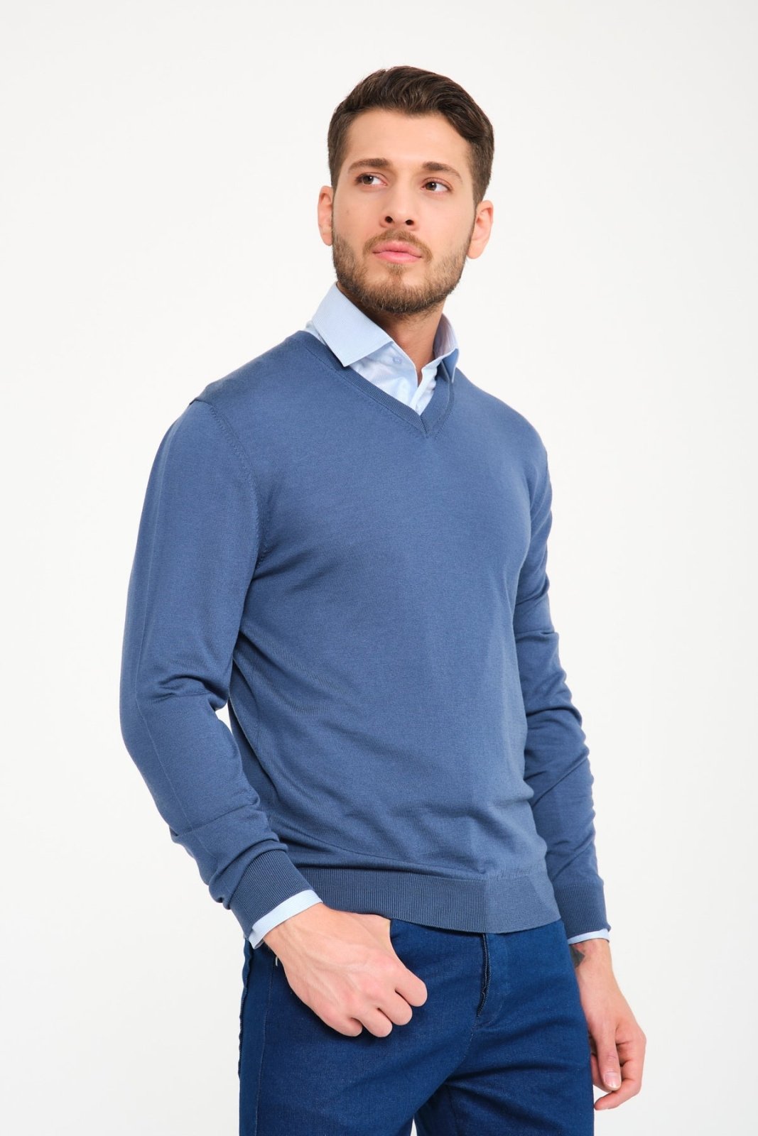 Petrol Blue V - Collar Wool Sweater - ADAMO