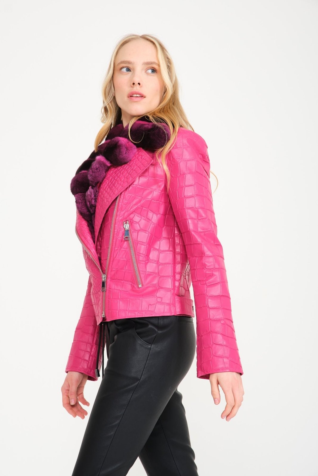 Pink Crocodile Pattern Chinchilla Collar Jacket - ADAMO