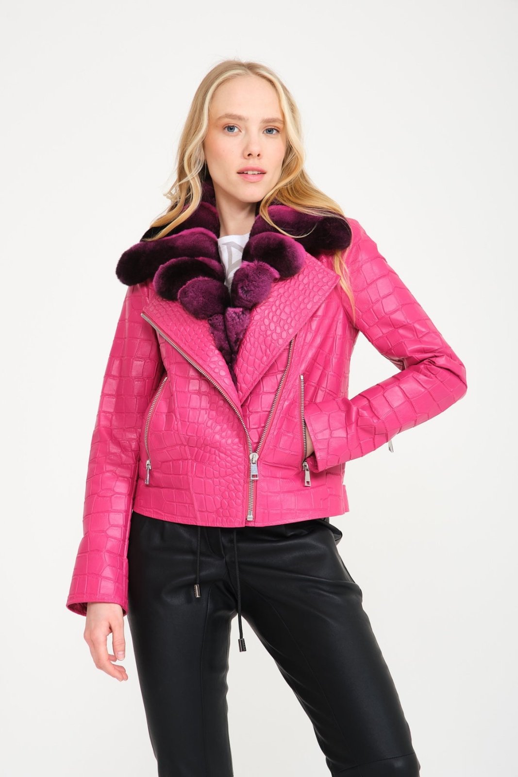 Pink Crocodile Pattern Chinchilla Collar Jacket - ADAMO