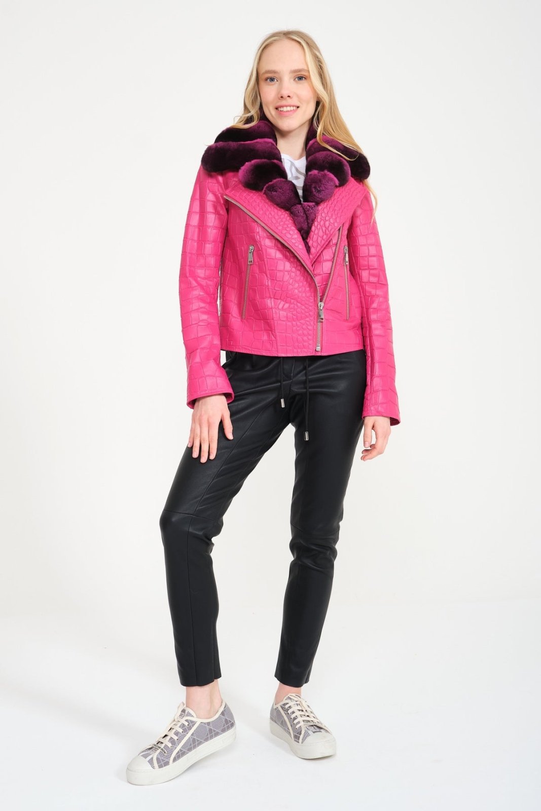 Pink Crocodile Pattern Chinchilla Collar Jacket - ADAMO