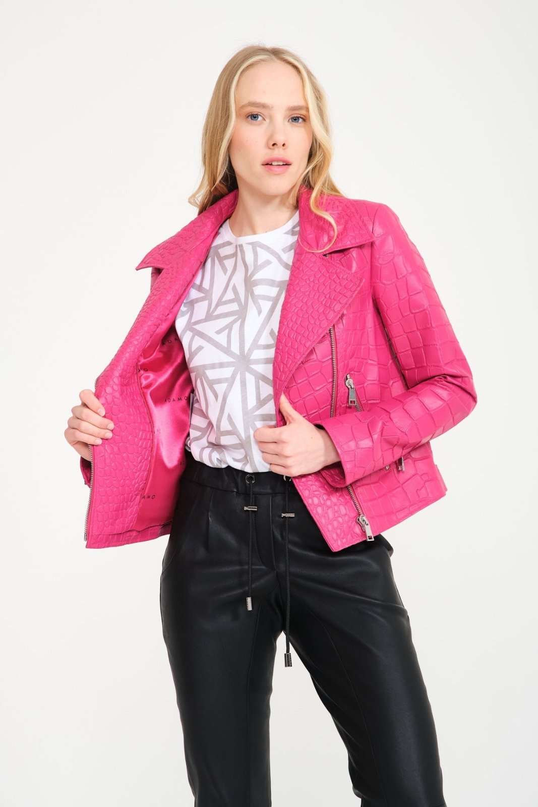 Pink Crocodile Pattern Chinchilla Collar Jacket - ADAMO