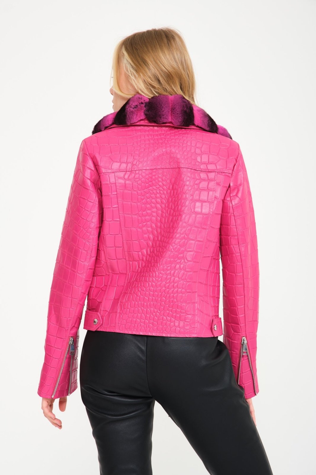 Pink Crocodile Pattern Chinchilla Collar Jacket - ADAMO