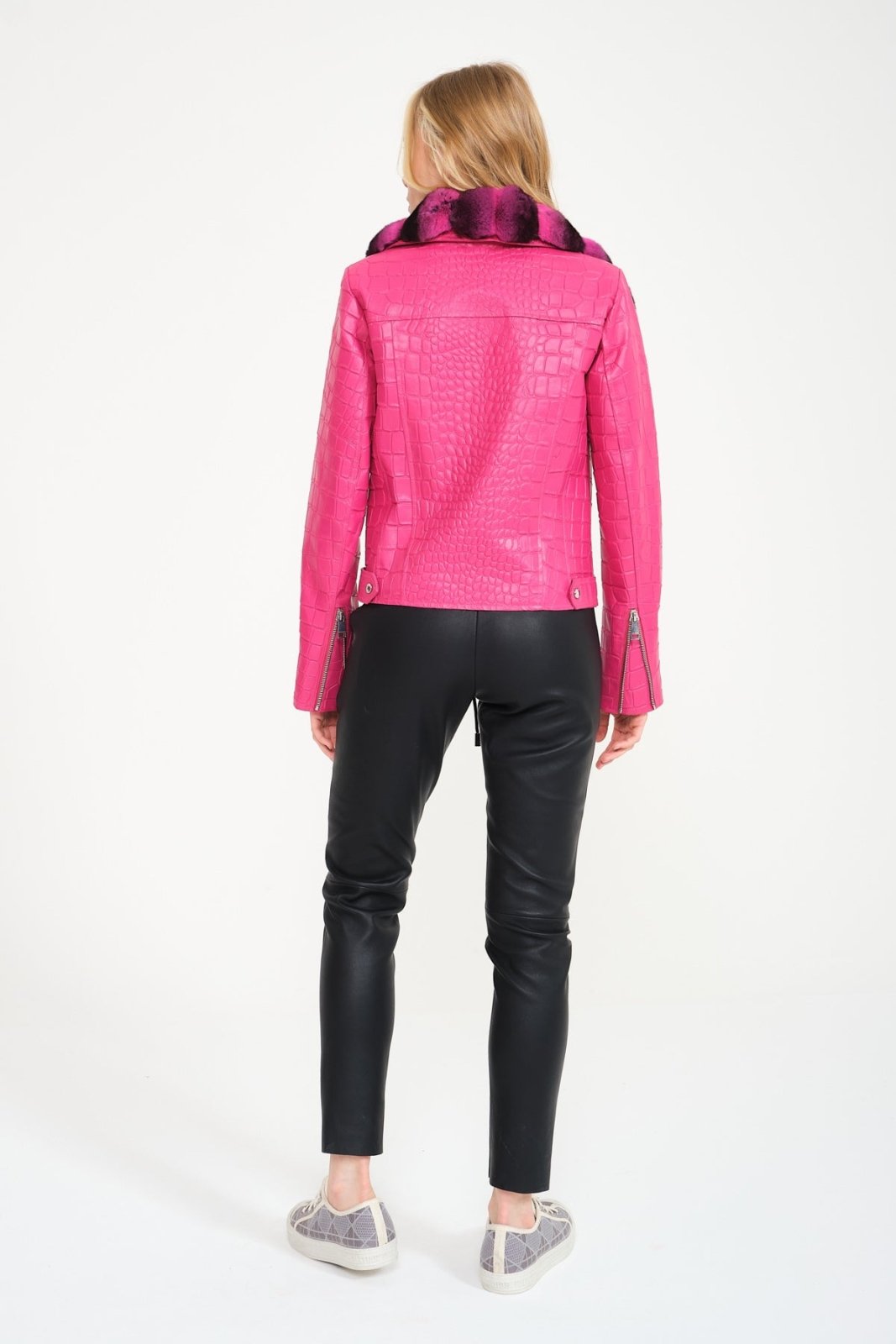 Pink Crocodile Pattern Chinchilla Collar Jacket - ADAMO