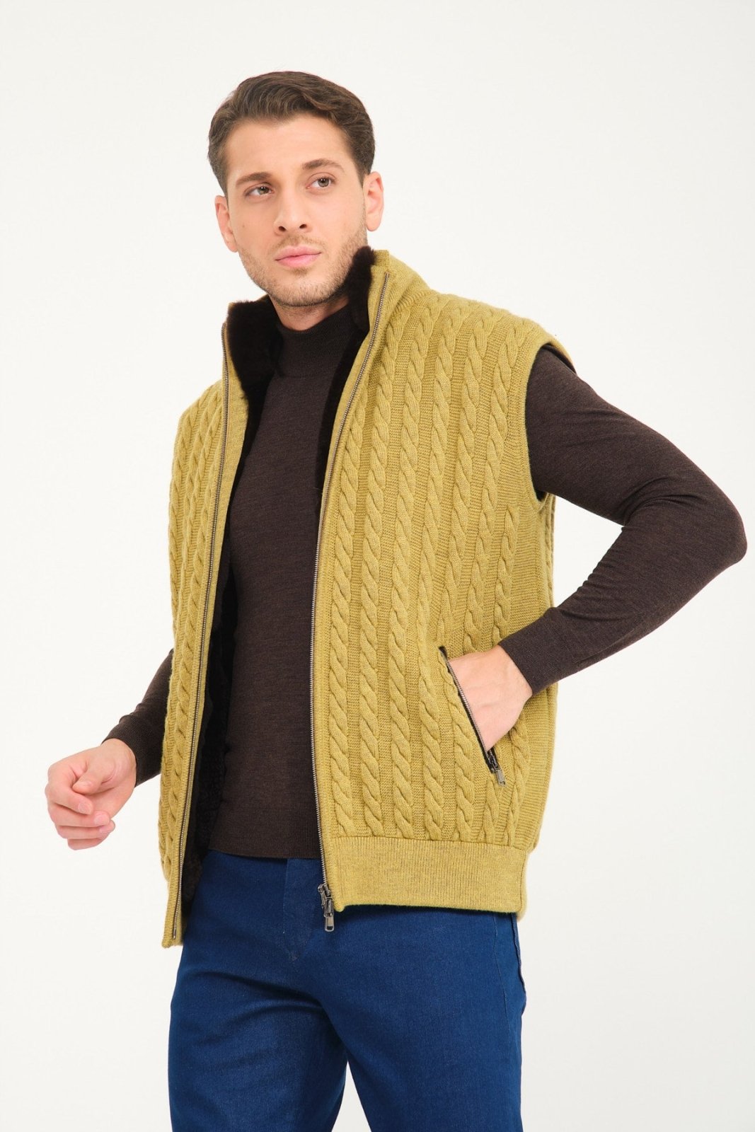 Pistachio Green Wool & Rex Fur Knit Vest - ADAMO