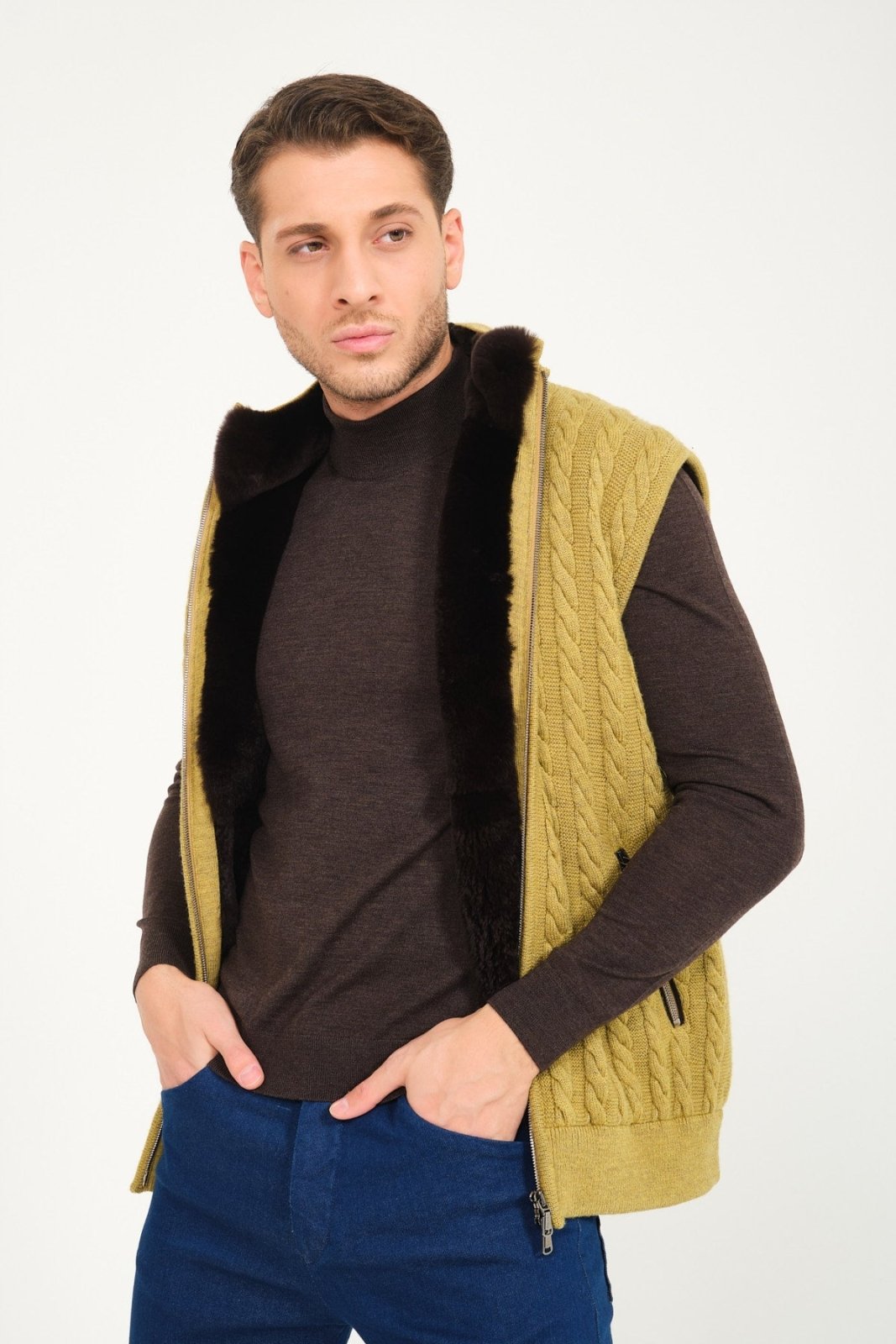 Pistachio Green Wool & Rex Fur Knit Vest - ADAMO