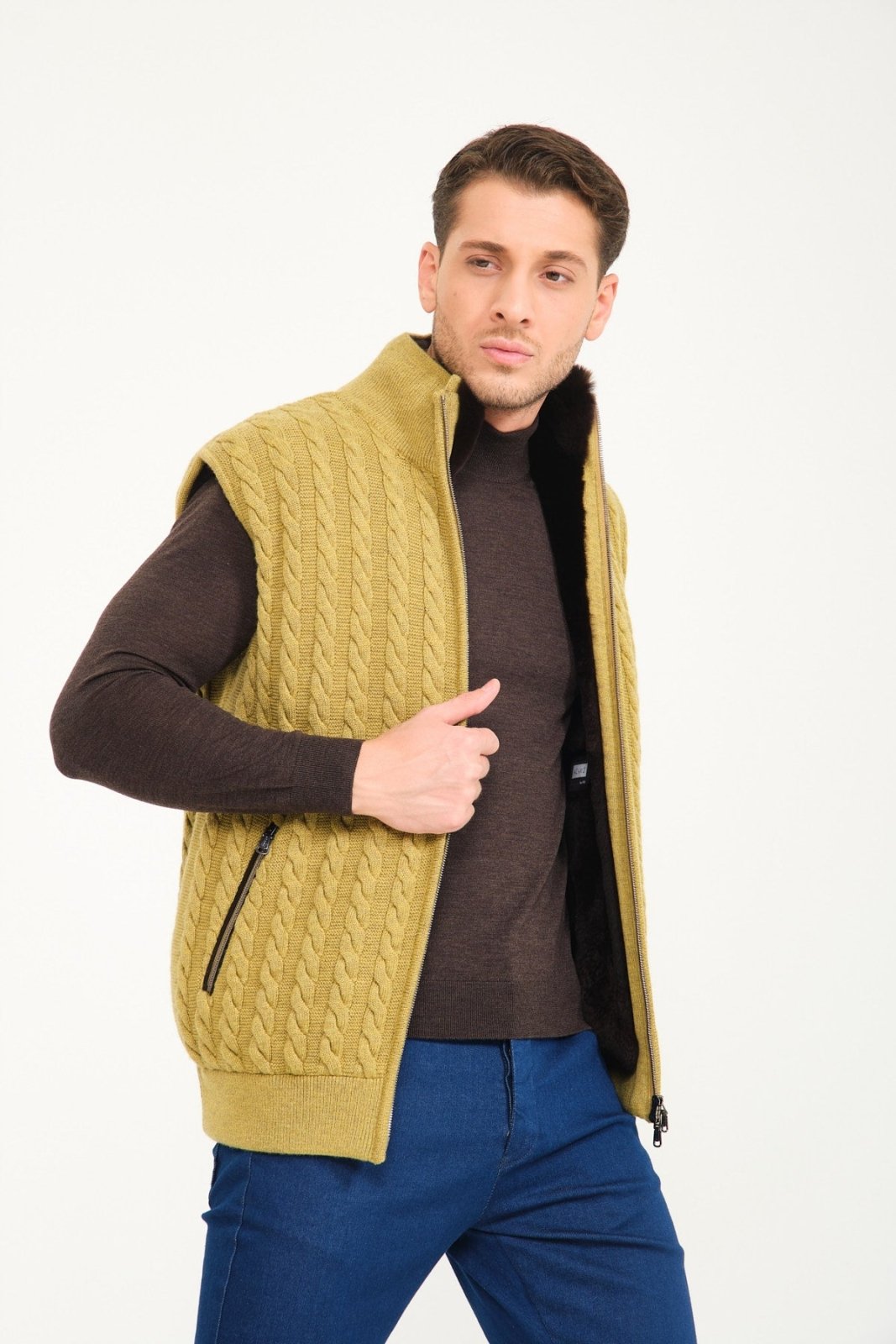 Pistachio Green Wool & Rex Fur Knit Vest - ADAMO