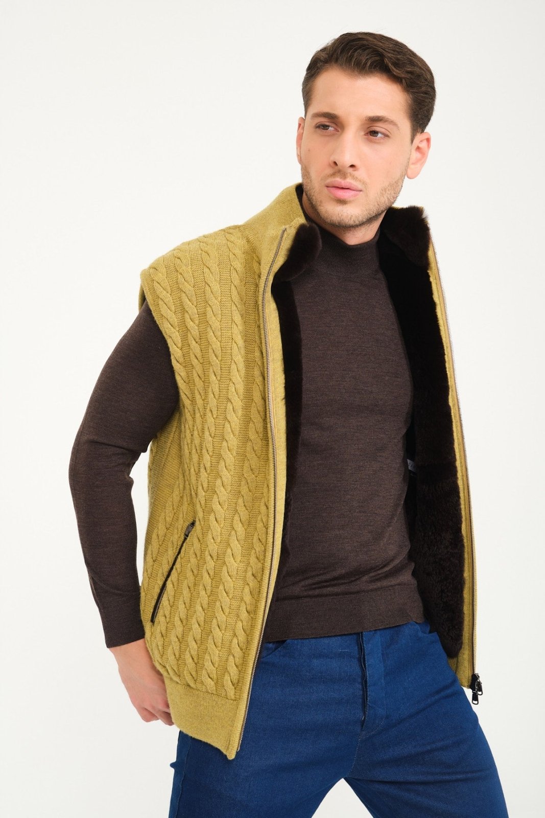 Pistachio Green Wool & Rex Fur Knit Vest - ADAMO