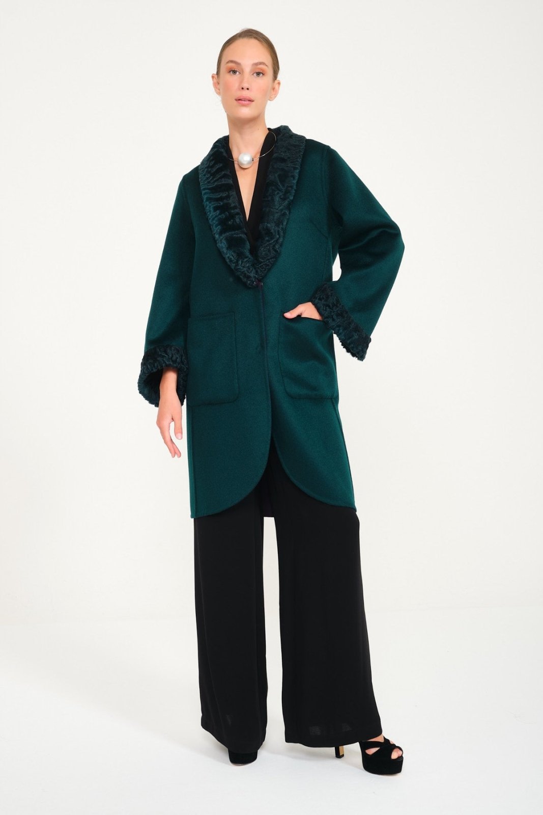 Purple / Dark Green Double Face Swakara & Wool Coat - ADAMO