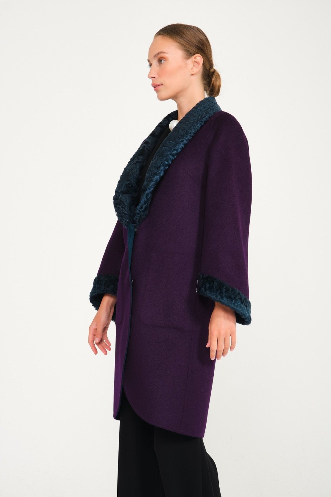 Purple / Dark Green Double Face Swakara & Wool Coat - ADAMO