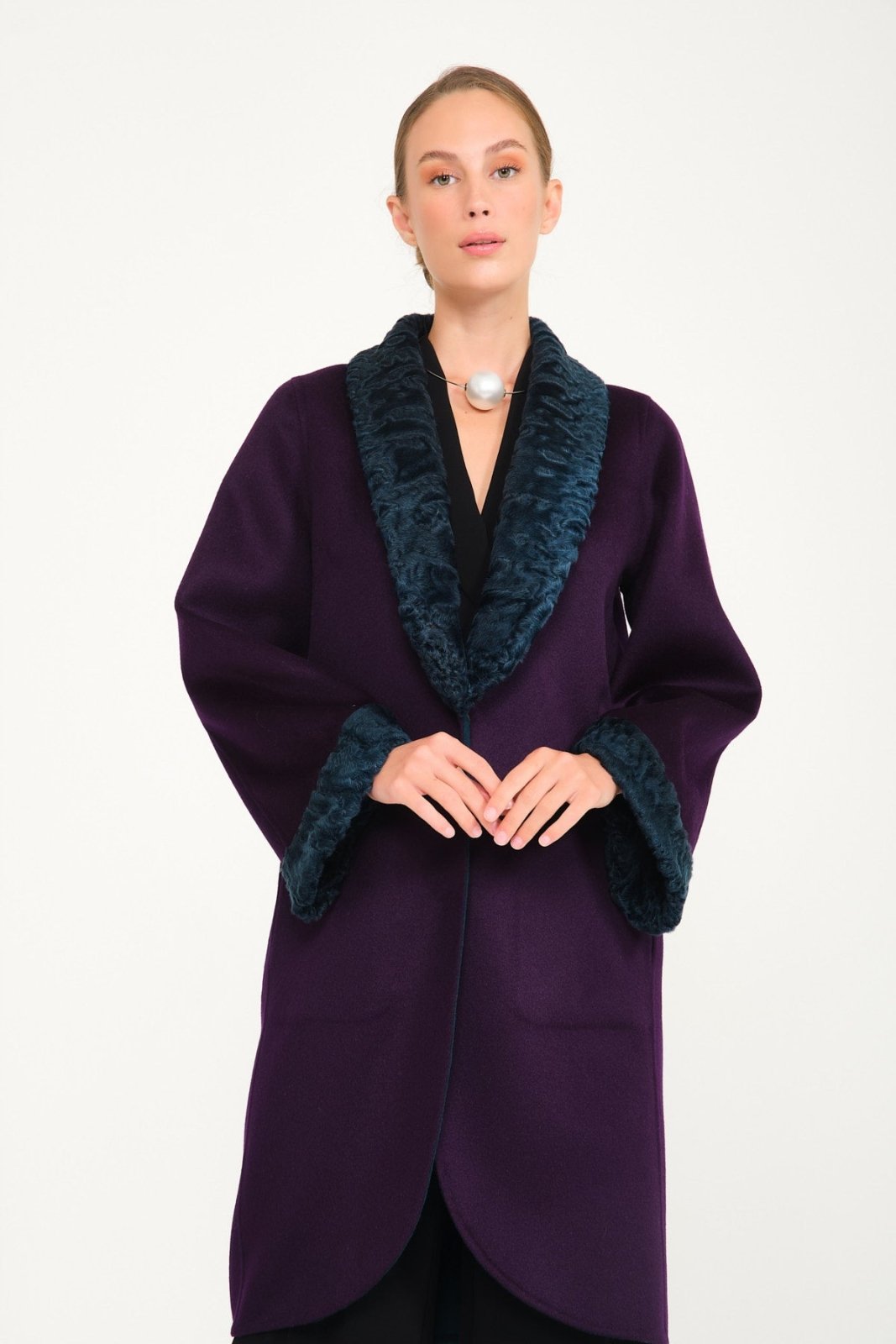 Purple / Dark Green Double Face Swakara & Wool Coat - ADAMO