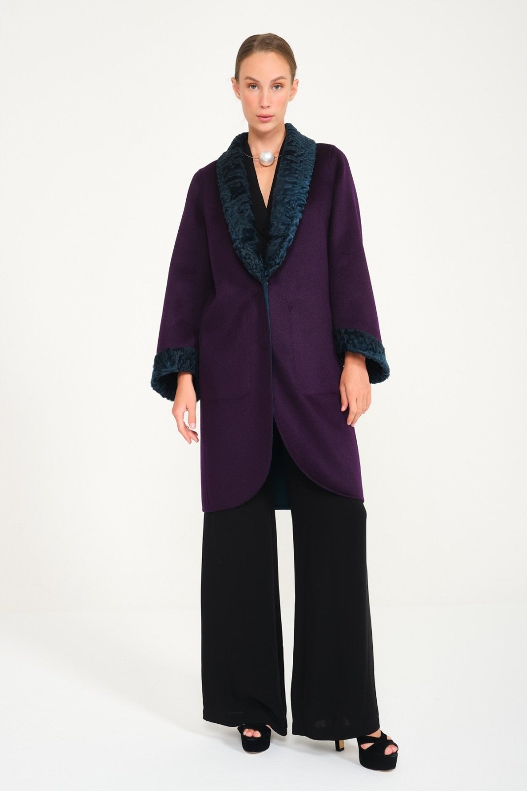 Purple / Dark Green Double Face Swakara & Wool Coat - ADAMO