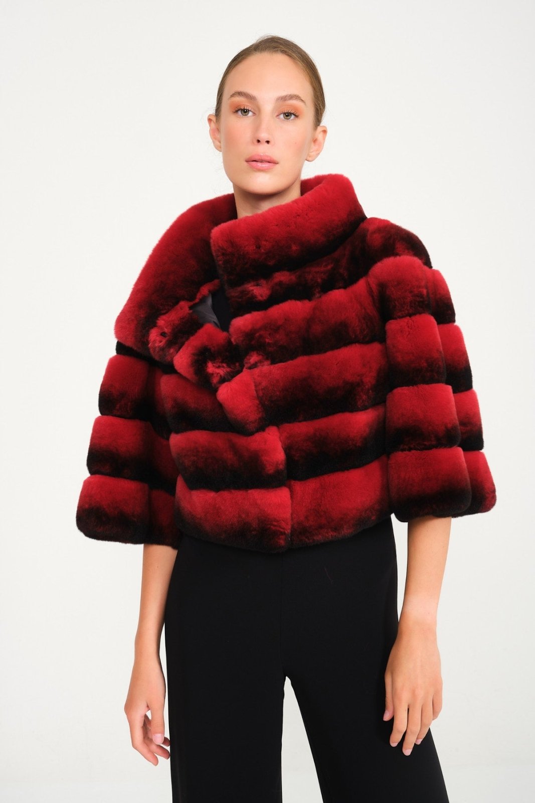 Red Chinchilla Pattern Rex Fur Jacket - ADAMO