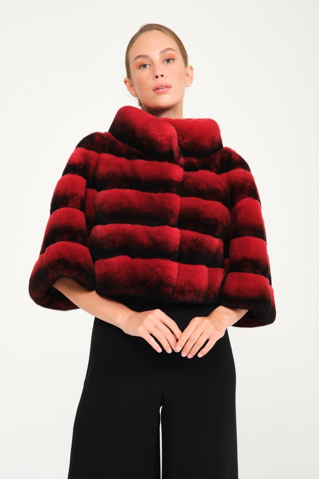 Red Chinchilla Pattern Rex Fur Jacket - ADAMO