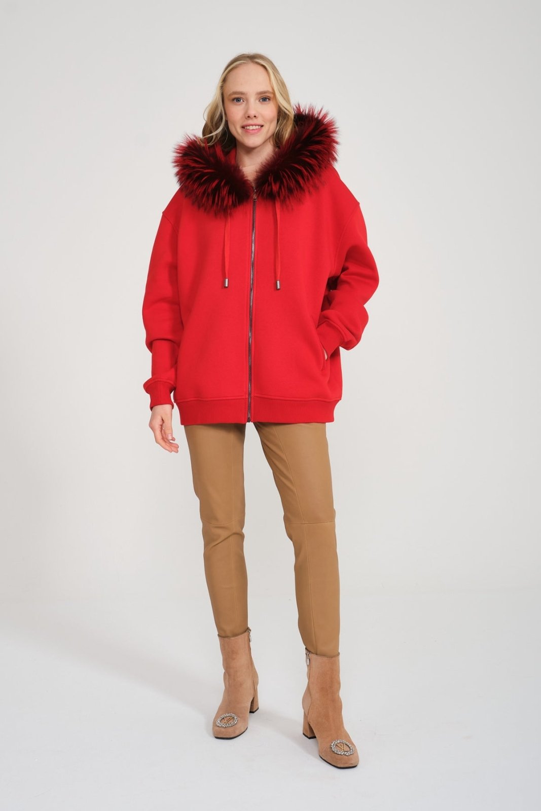 Red Fox Fur Lined Zipped Hoodie - ADAMO