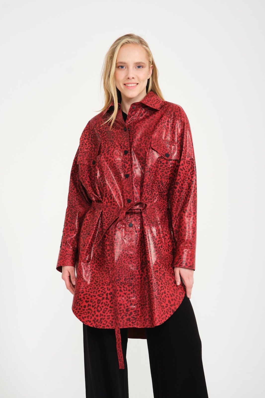 Red Leopard Pattern Leather Coat - ADAMO