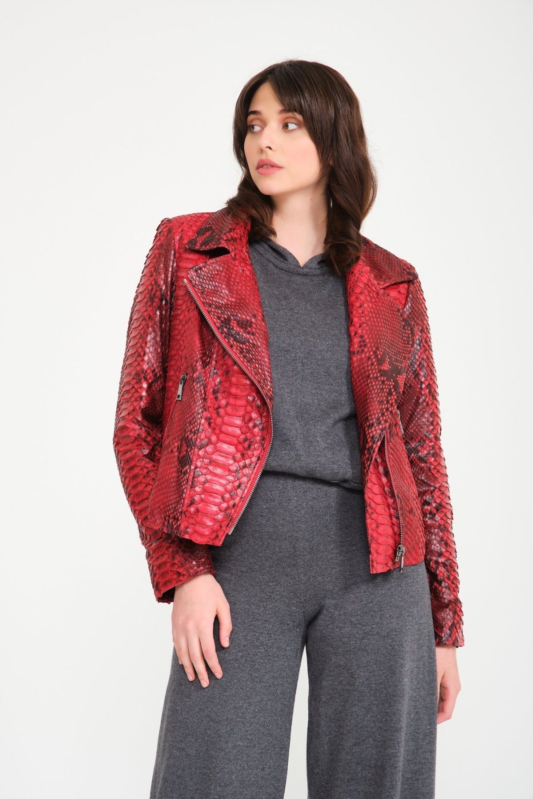 Red Python Leather Chinchilla Fur Collar Jacket - ADAMO