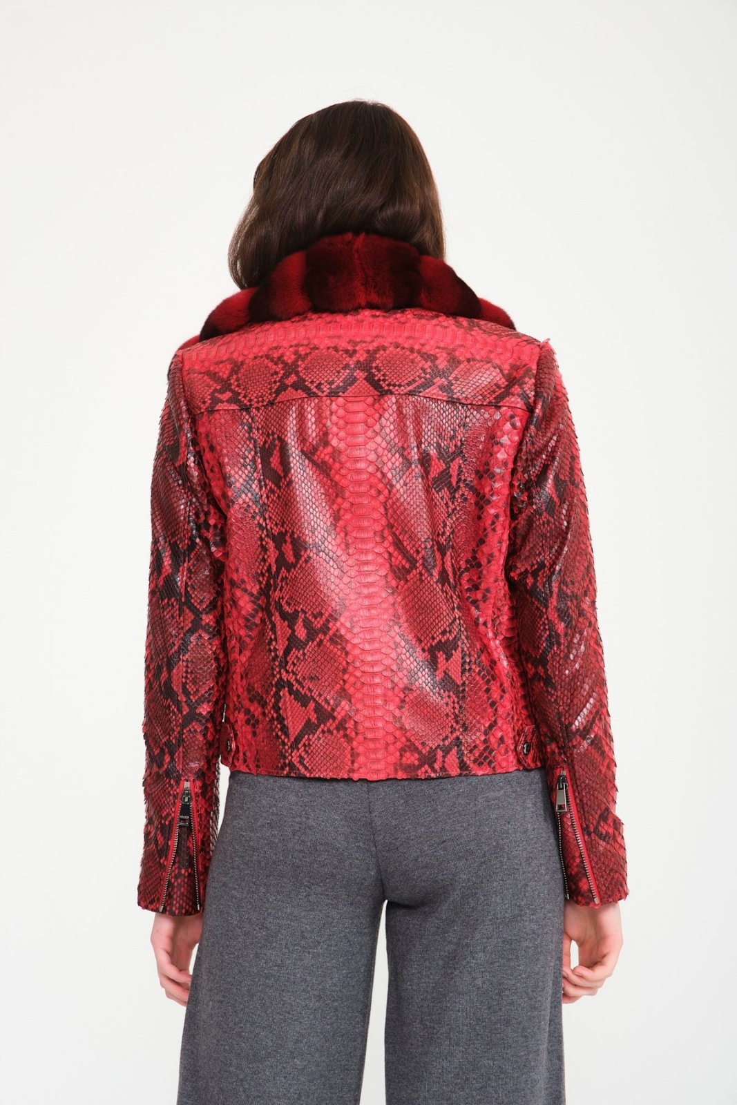 Red Python Leather Chinchilla Fur Collar Jacket - ADAMO