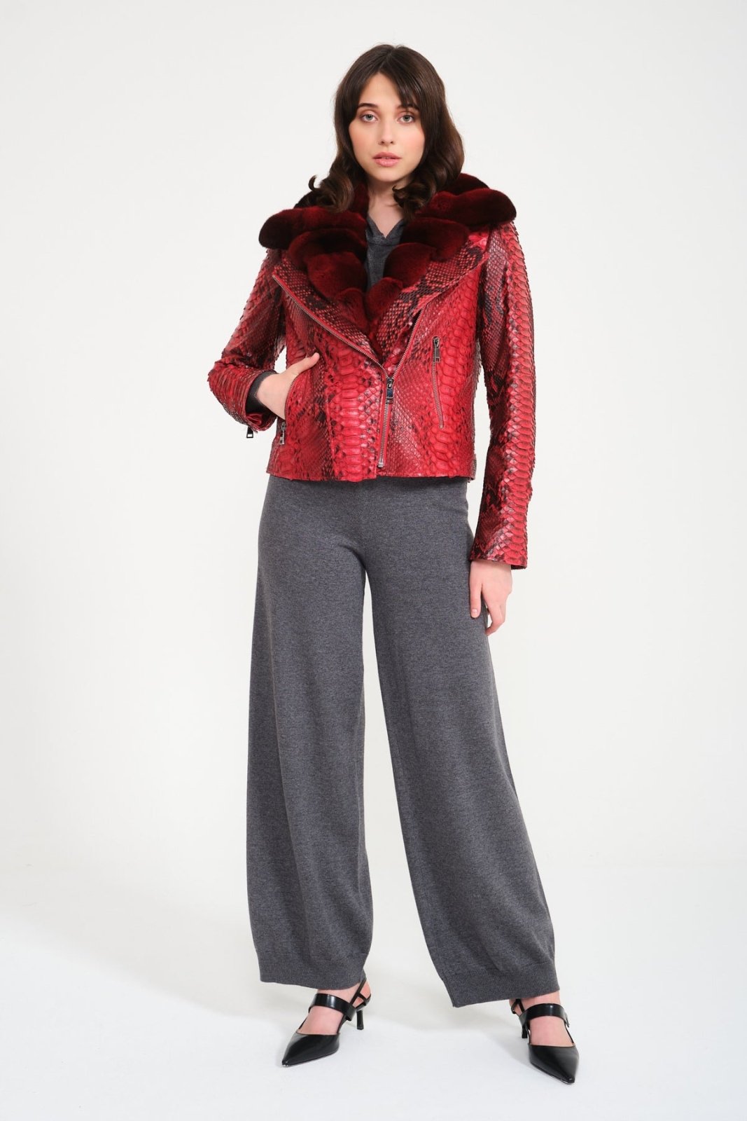 Red Python Leather Chinchilla Fur Collar Jacket - ADAMO