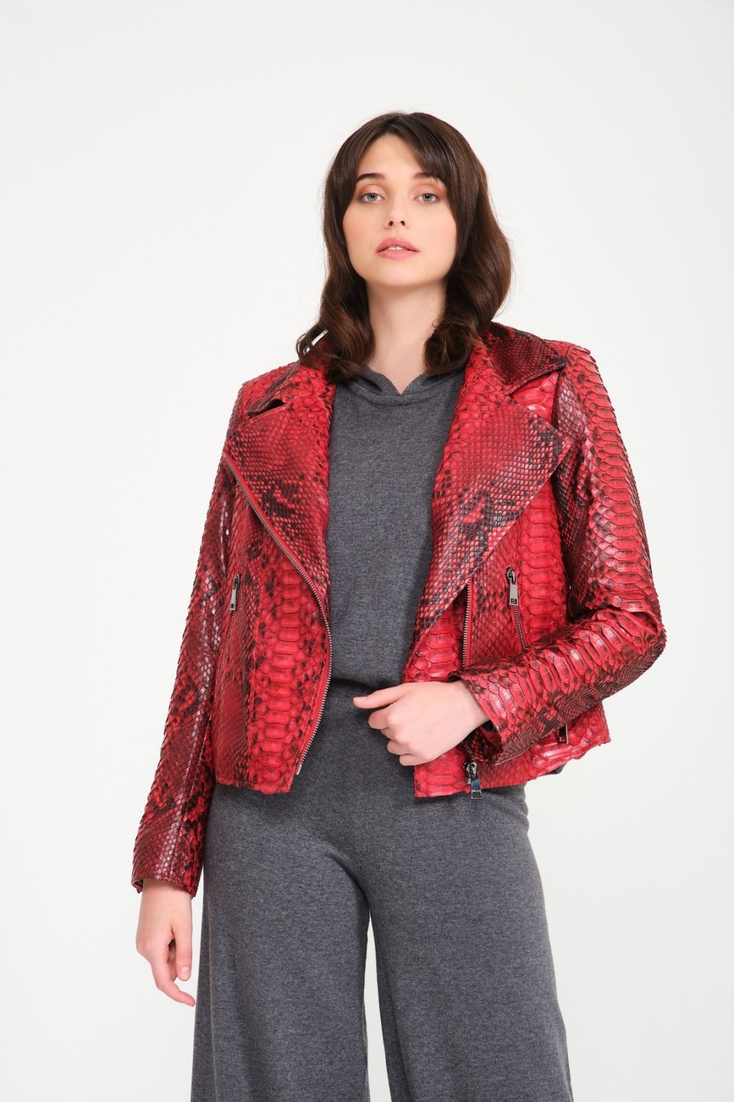 Red Python Leather Chinchilla Fur Collar Jacket - ADAMO