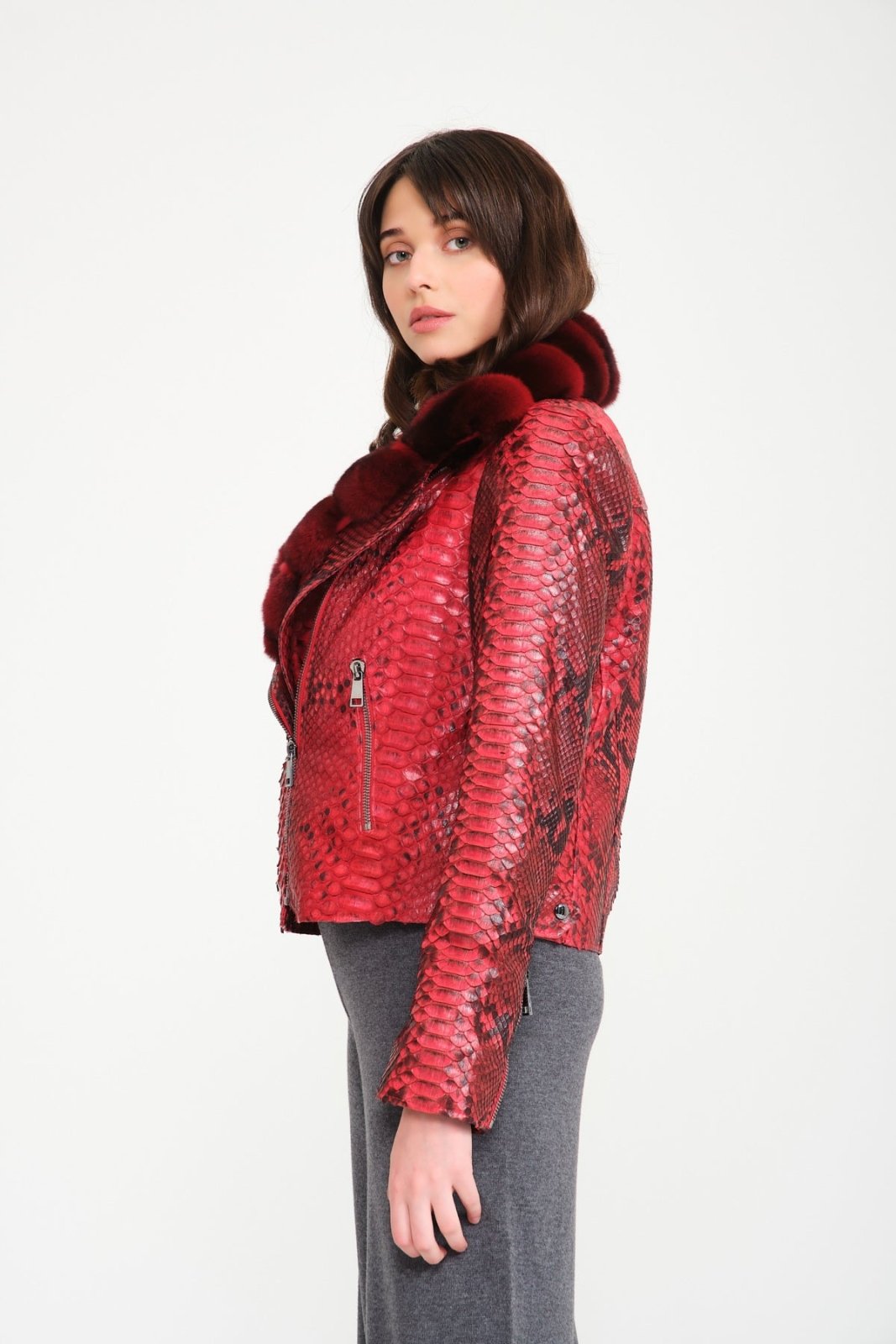 Red Python Leather Chinchilla Fur Collar Jacket - ADAMO