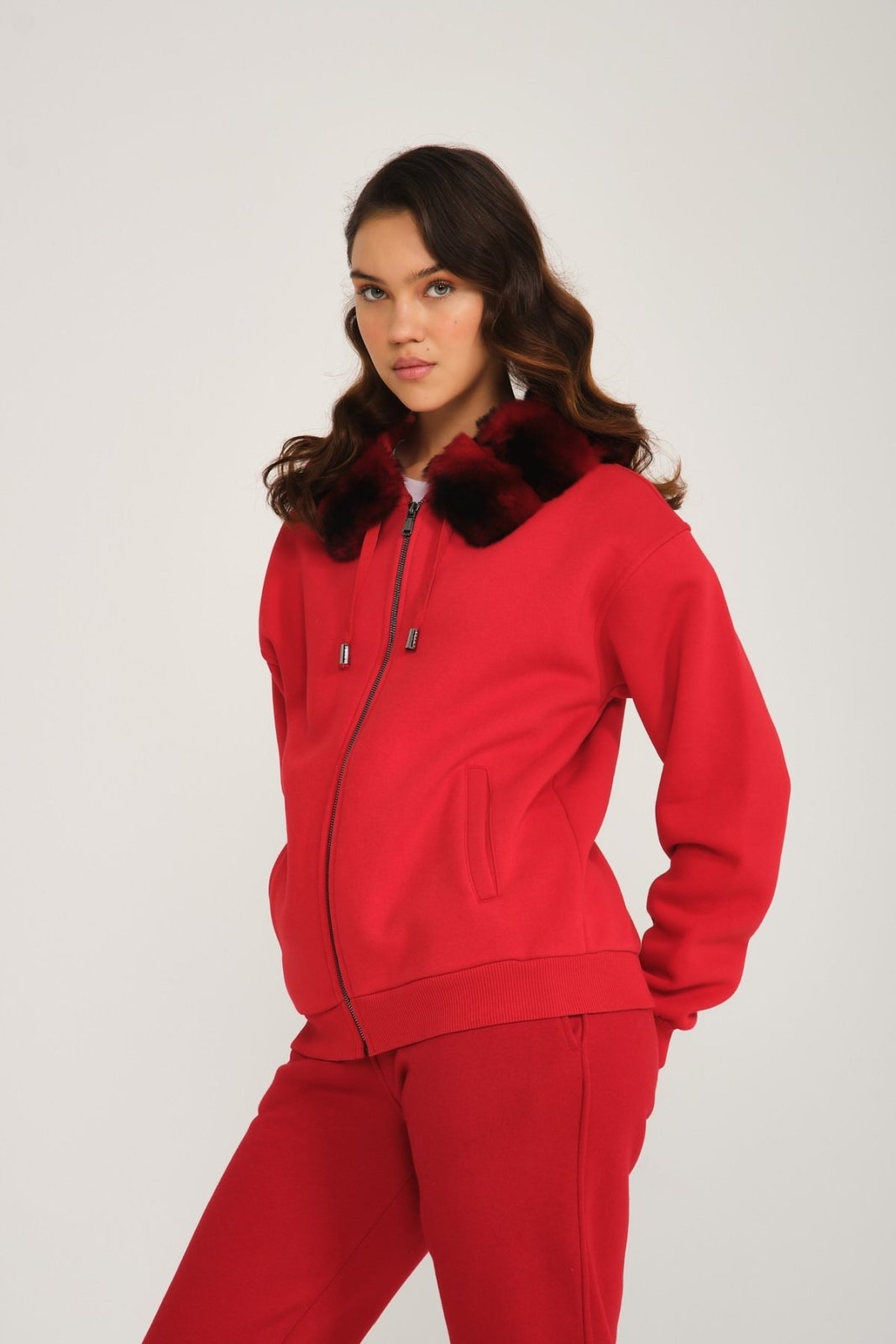 Red Rex Fur & Zipped Hoodie - ADAMO