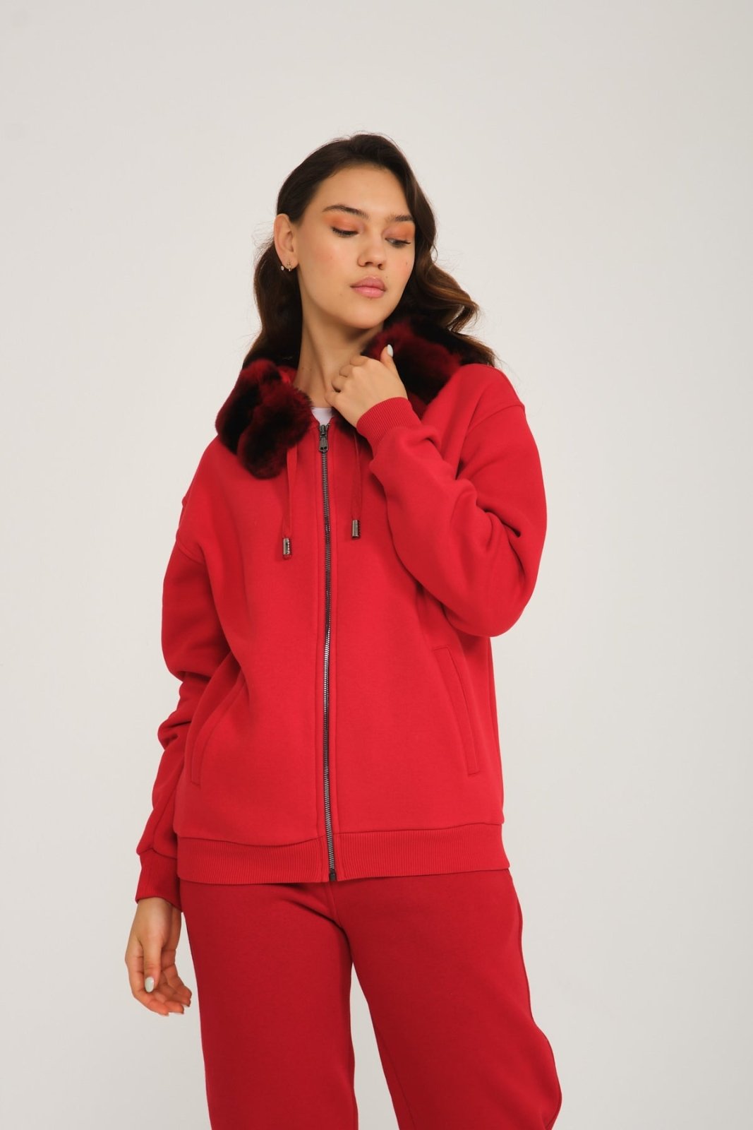 Red Rex Fur & Zipped Hoodie - ADAMO