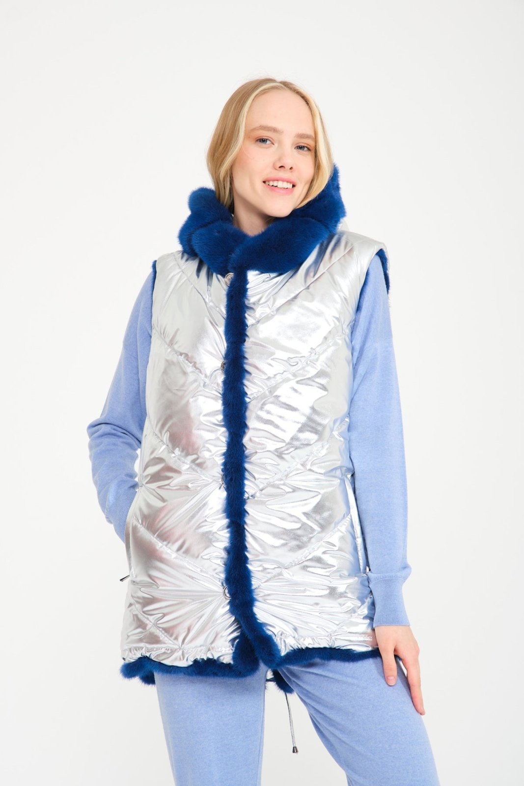 Royal Blue & Silver Double Face Mink Fur Vest - ADAMO