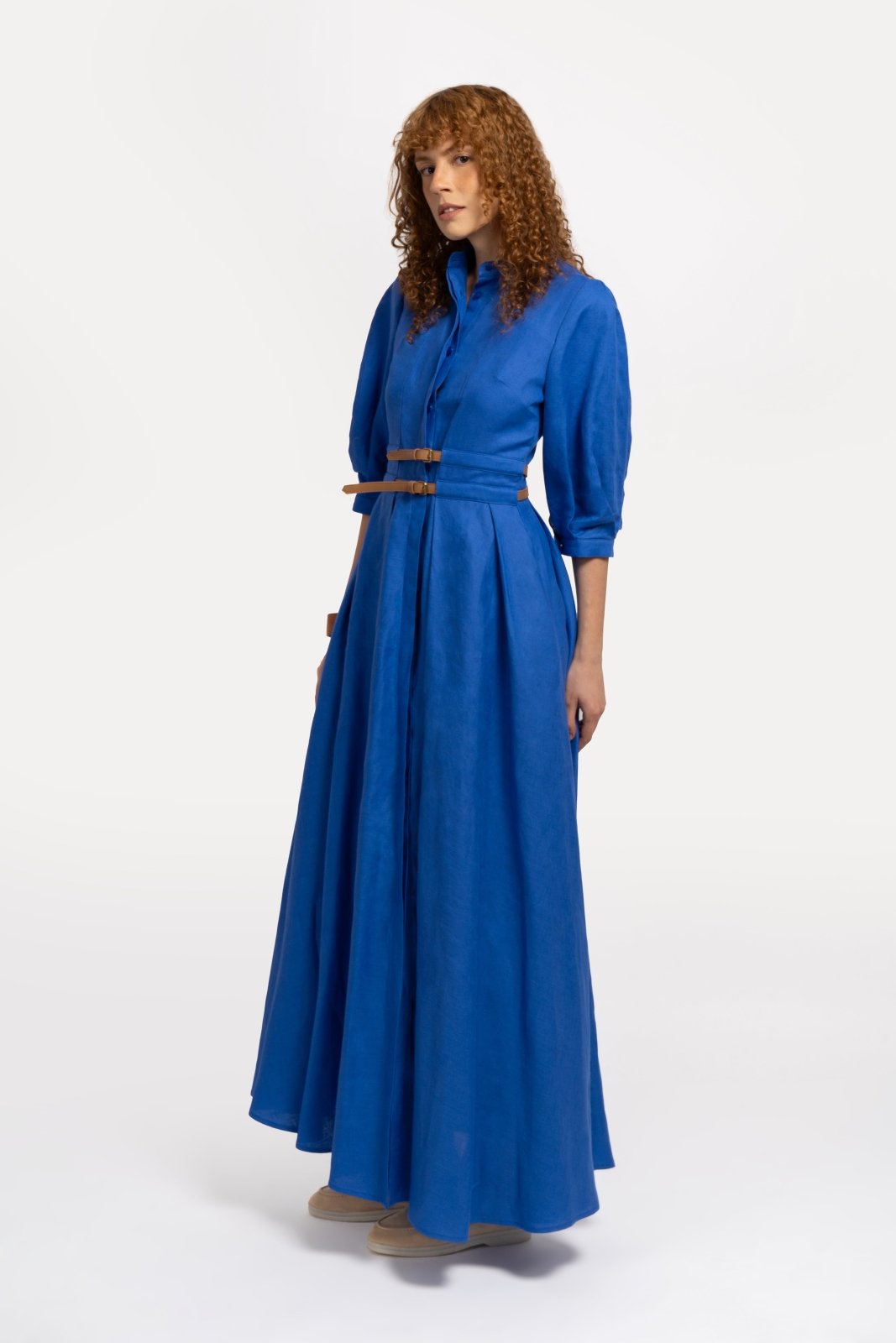 Sax Blue Belted Linen Dress - ADAMO