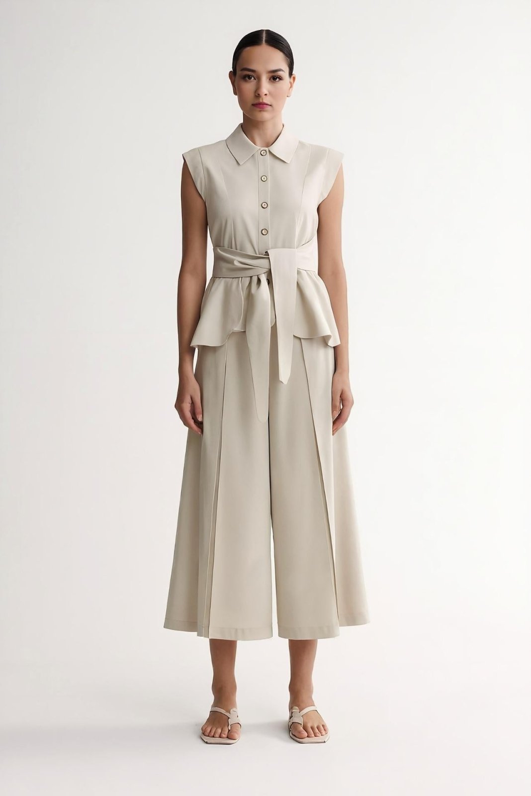 Soft Sand - Sculpted Peplum Cotton - Silk Blouse - ADAMO