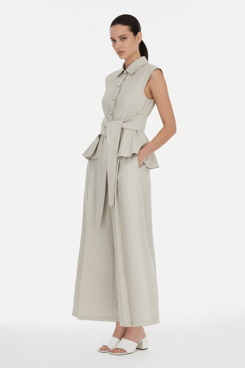 Soft Sand - Sculpted Peplum Cotton - Silk Blouse - ADAMO
