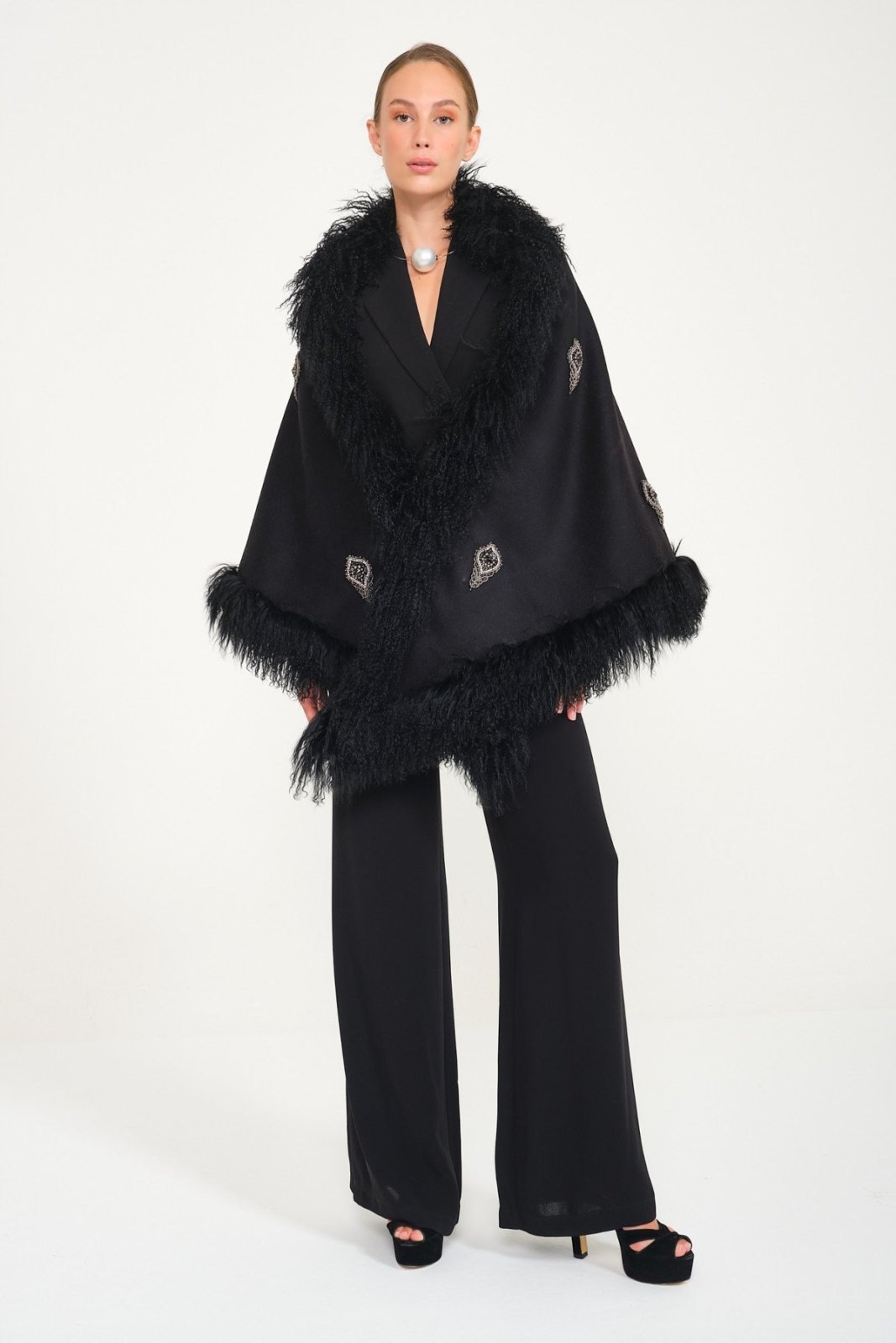 Swarovski Design Black Tibet Fur Wool Shawl - ADAMO