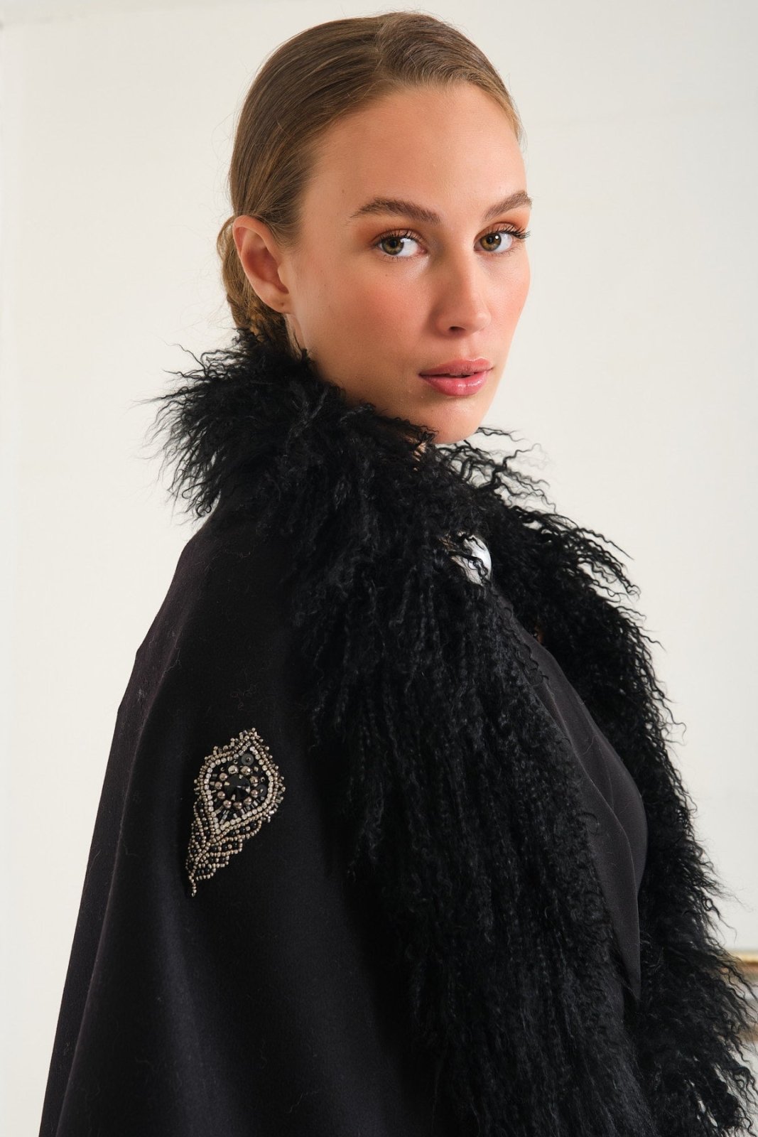 Swarovski Design Black Tibet Fur Wool Shawl - ADAMO