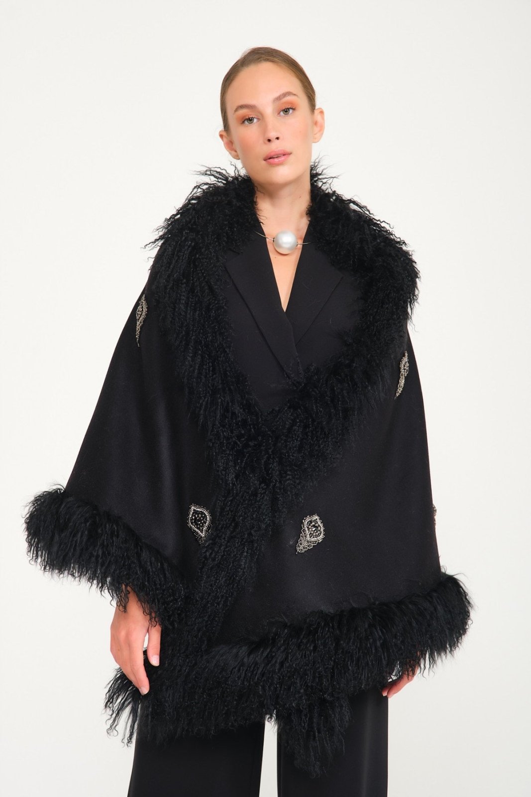 Swarovski Design Black Tibet Fur Wool Shawl - ADAMO