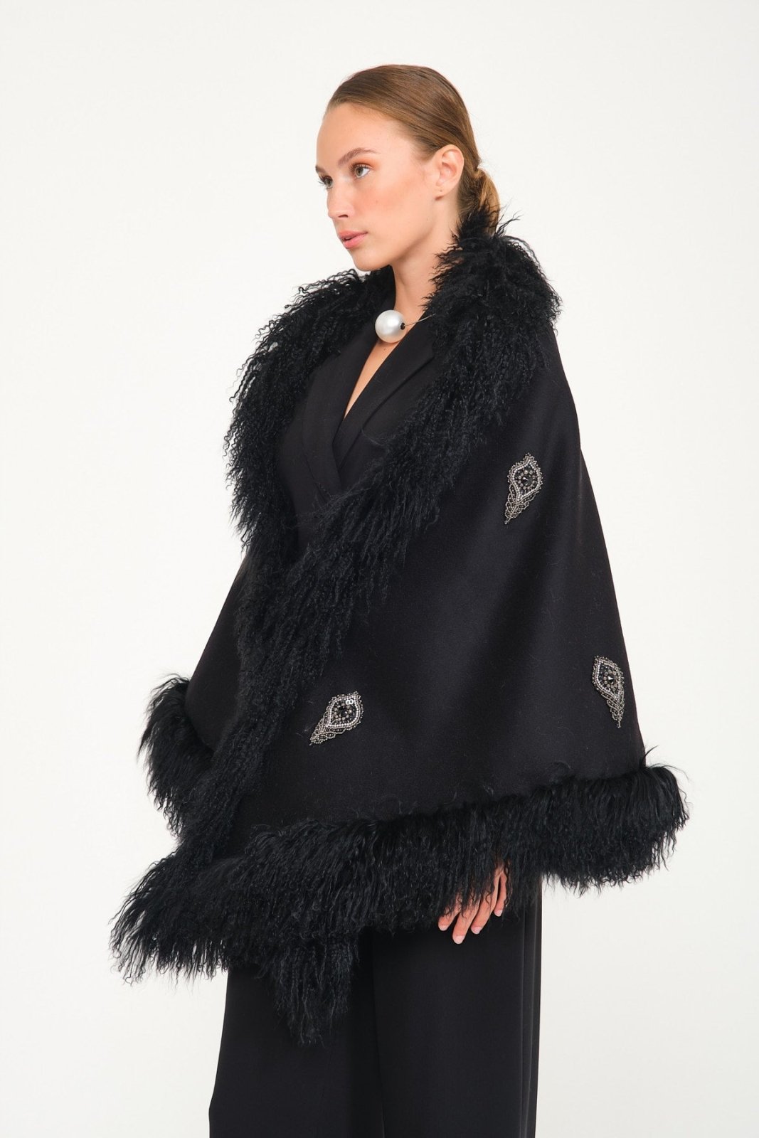 Swarovski Design Black Tibet Fur Wool Shawl - ADAMO