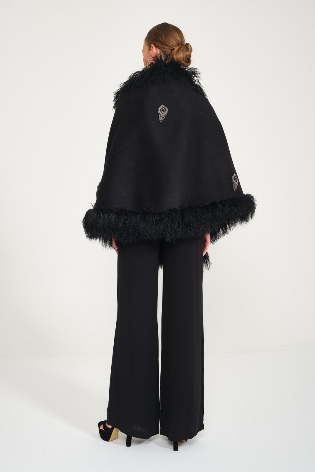 Swarovski Design Black Tibet Fur Wool Shawl - ADAMO