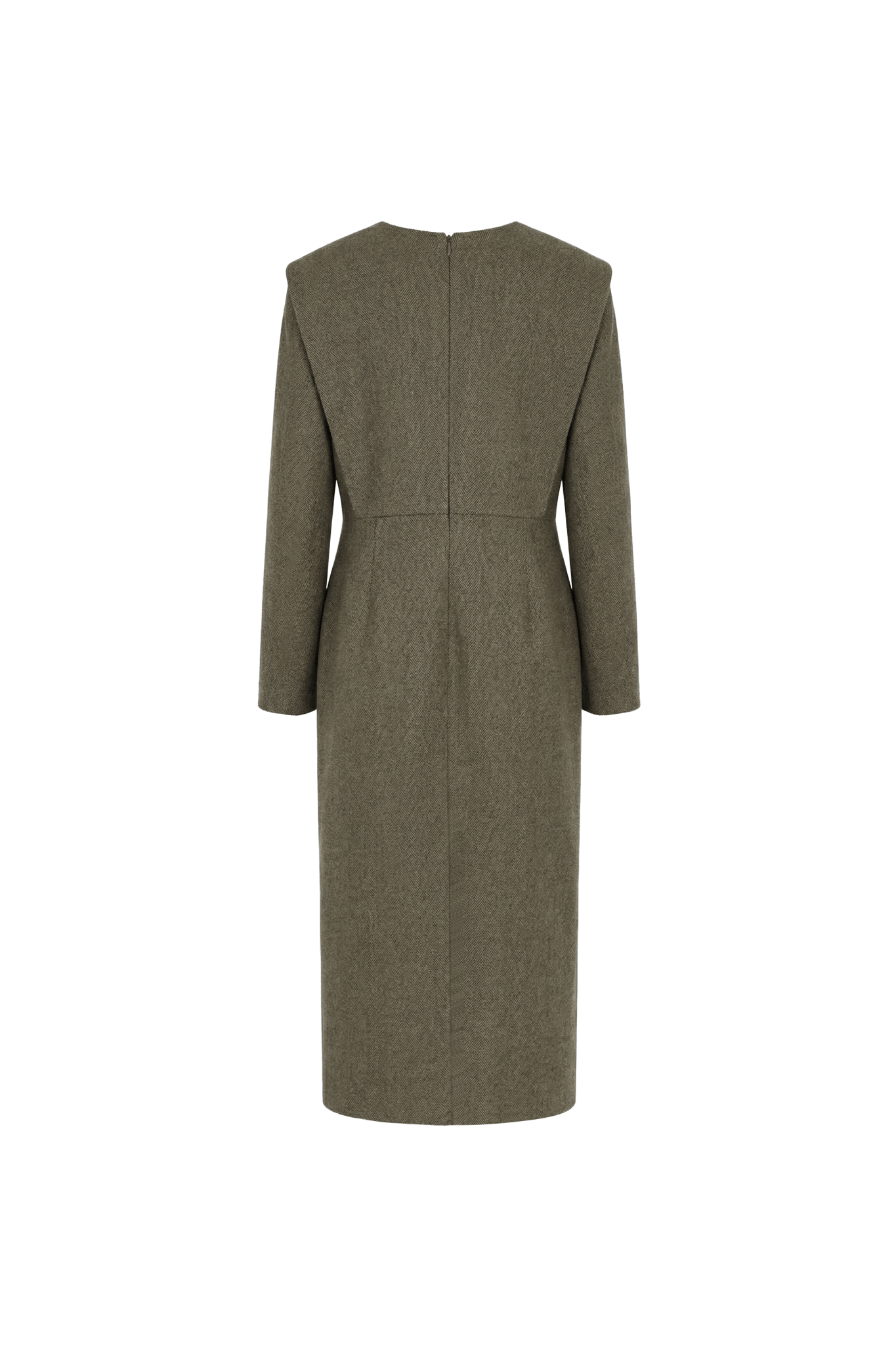 The Olive Herringbone Architectural Wool Dress - ADAMO