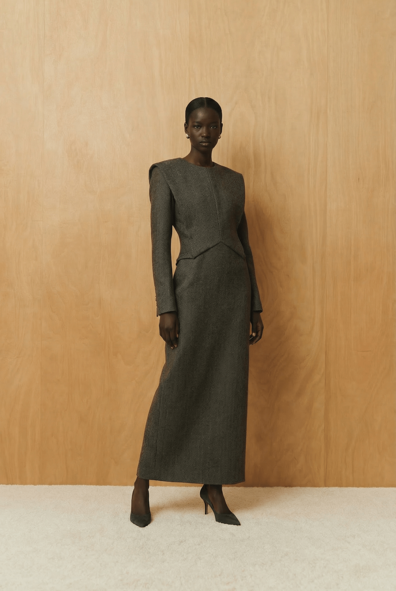 The Olive Herringbone Architectural Wool Dress - ADAMO
