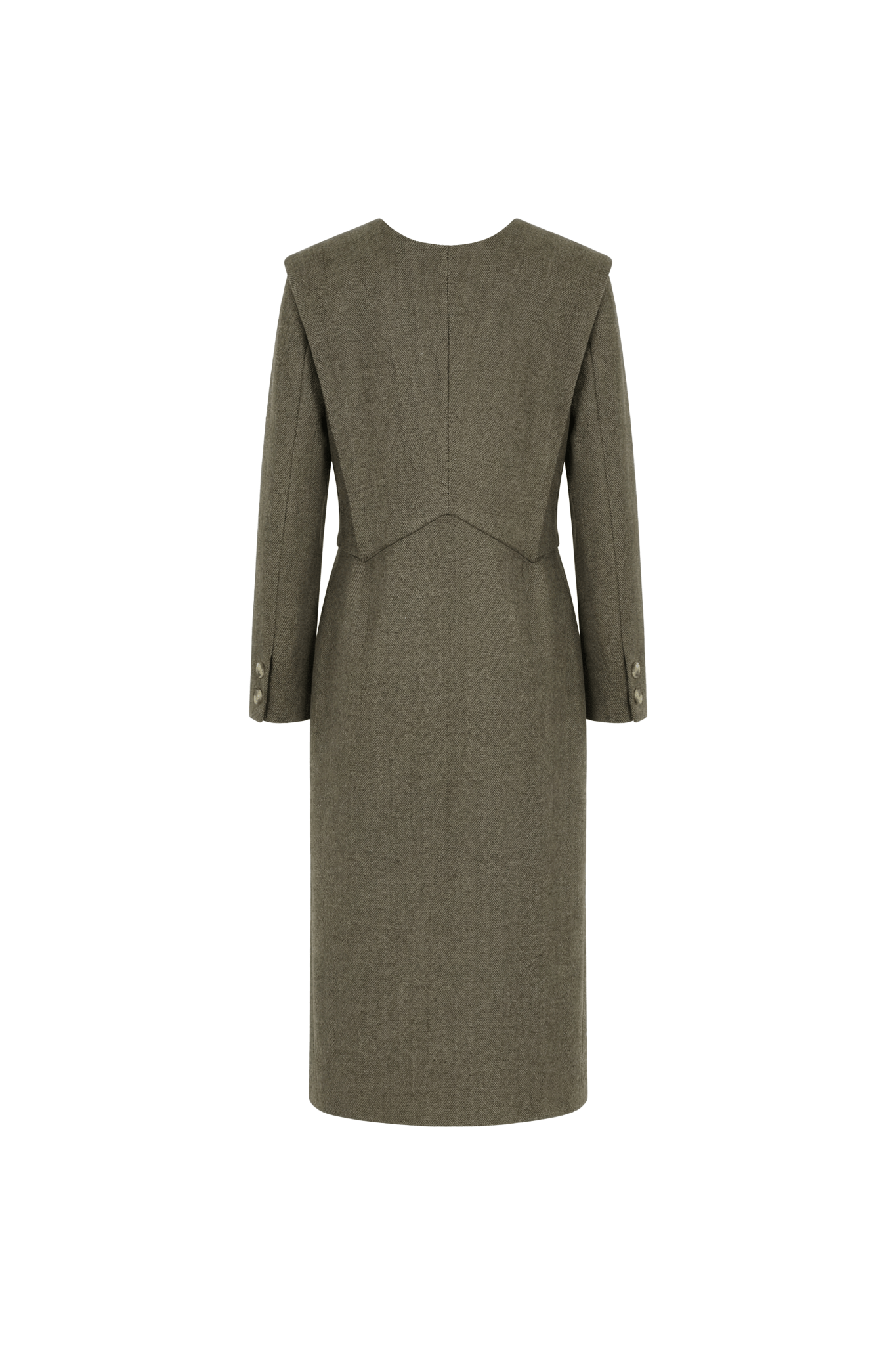 The Olive Herringbone Architectural Wool Dress - ADAMO