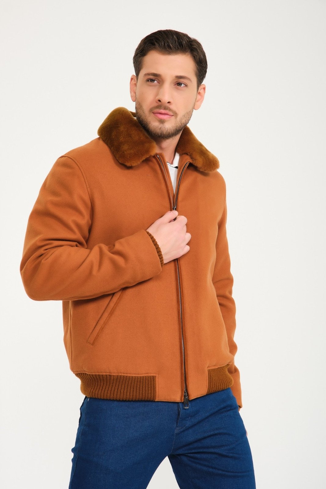 Tobacco Color Wool & Rex Fur Coat - ADAMO