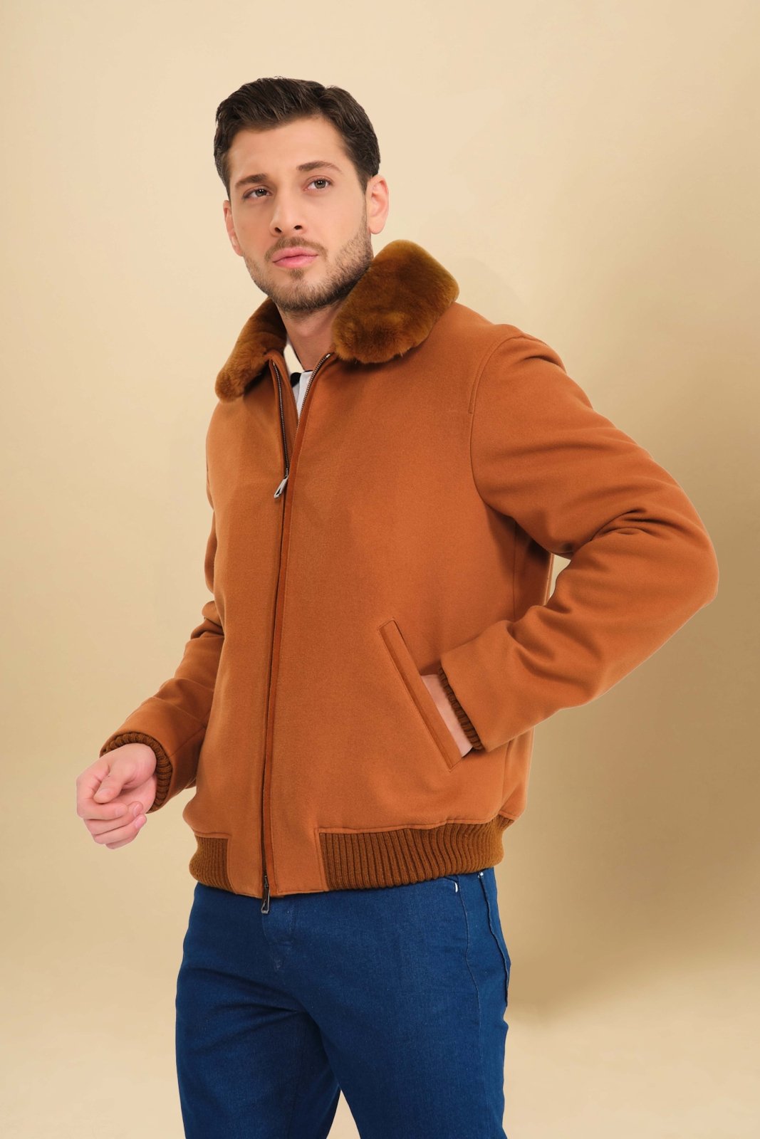 Tobacco Color Wool & Rex Fur Coat - ADAMO